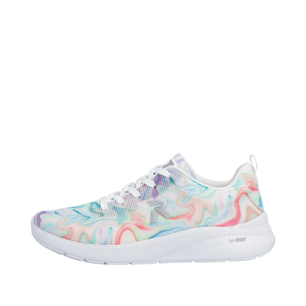 Rieker M8500-90 ladies multicolor textile vegan lace-up trainers with white sole and accents.