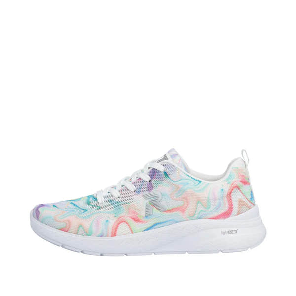 Rieker M8500-90 ladies multicolor textile vegan lace-up trainers with white sole and accents.