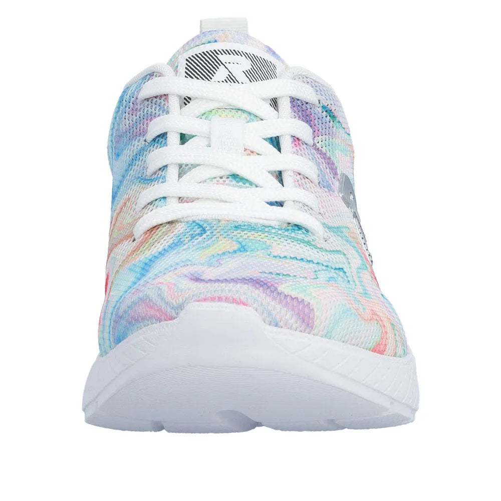 Rieker women's multi-colored textile vegan lace-up trainers with white laces and sole, front view.