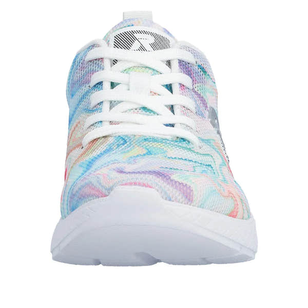 Rieker women's multi-colored textile vegan lace-up trainers with white laces and sole, front view.