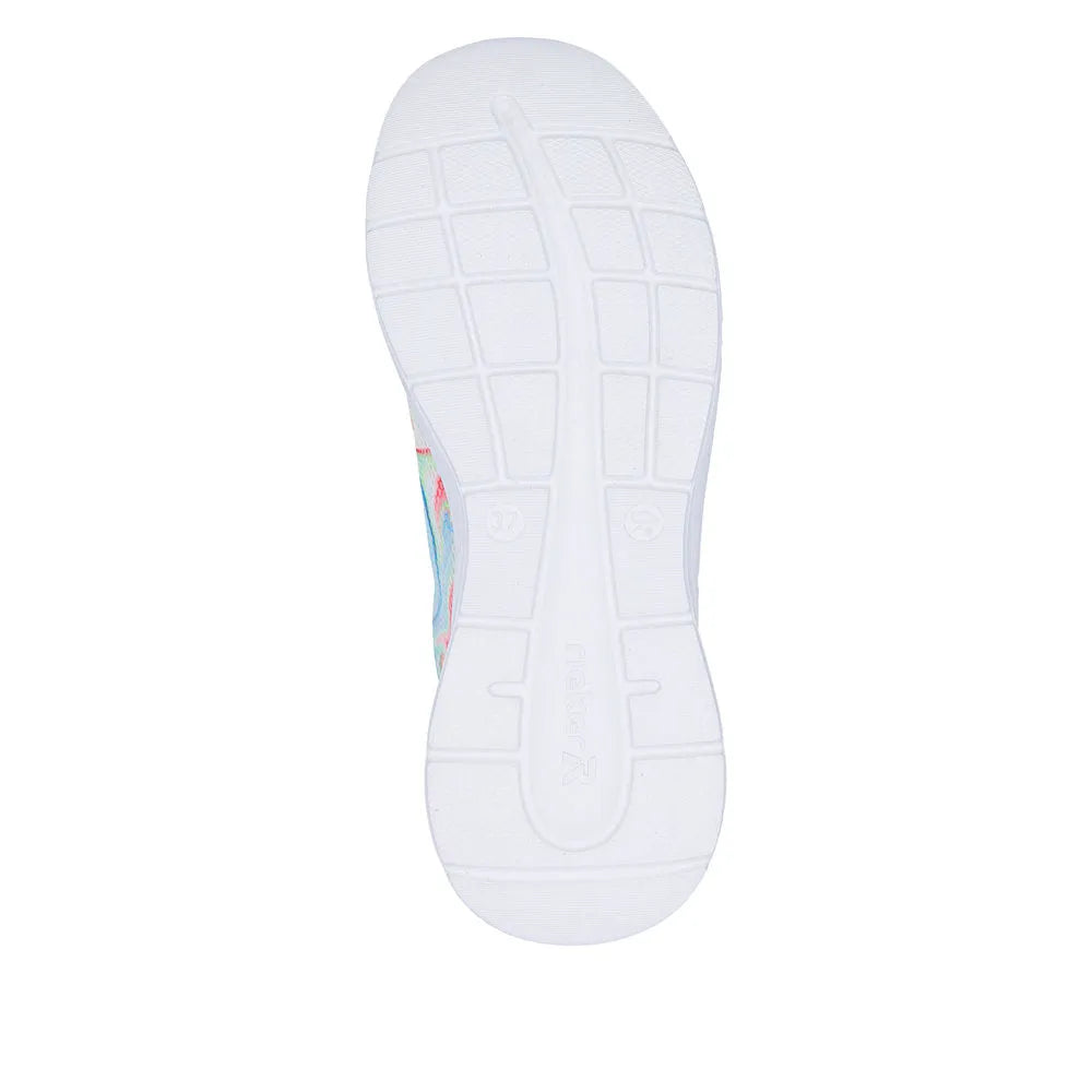 White sole of Rieker M8500-90 ladies multi-textile vegan lace-up trainers, showing durability and style.