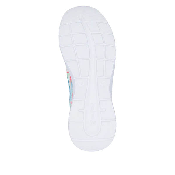 White sole of Rieker M8500-90 ladies multi-textile vegan lace-up trainers, showing durability and style.