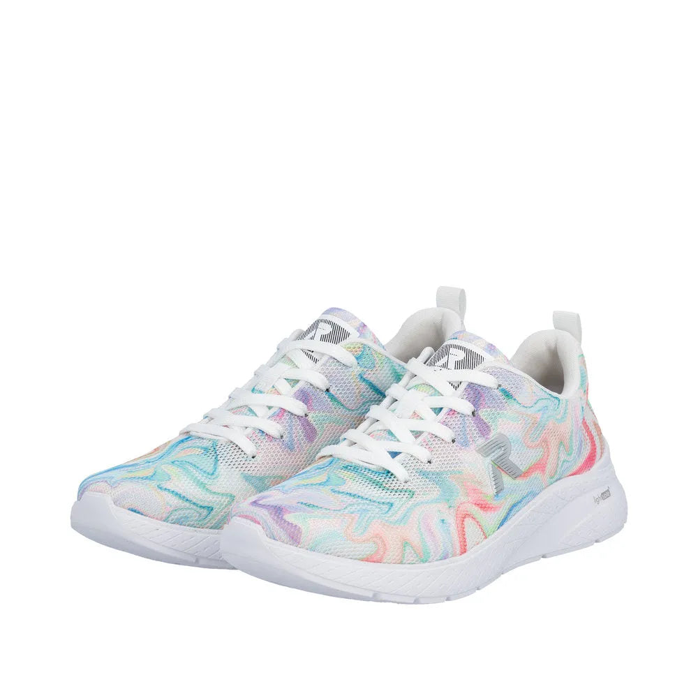 Rieker M8500-90 ladies vegan textile lace-up trainers with a colorful marbled pattern and white soles.