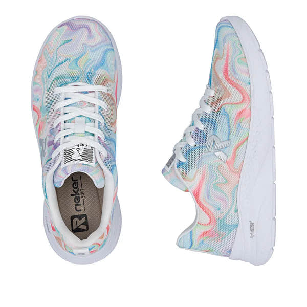 Rieker M8500-90 women's multicolored, vegan fabric lace-up trainers with mesh design and white sole.