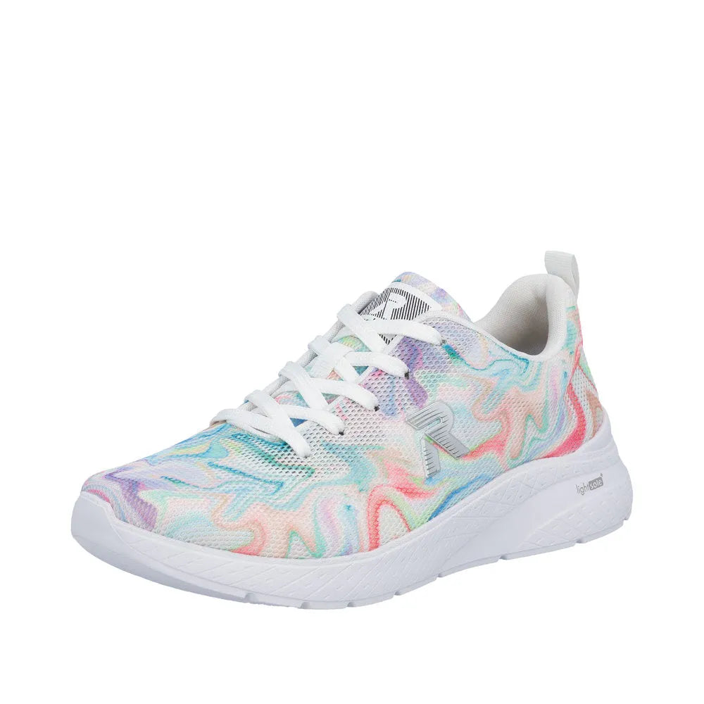 Rieker M8500-90 ladies' vegan lace-up trainer with a colorful, abstract patterned textile upper and white rubber sole.