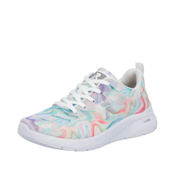 Rieker M8500-90 ladies' vegan lace-up trainer with a colorful, abstract patterned textile upper and white rubber sole.