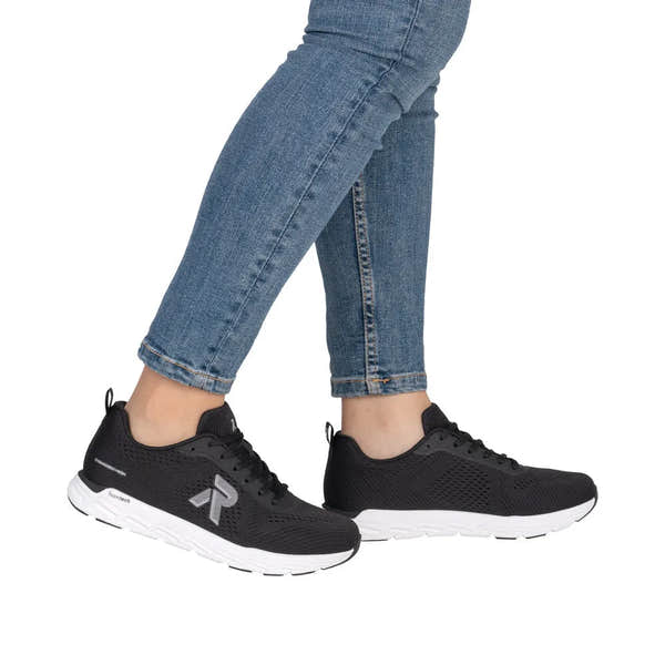 Rieker M9006-00 women's wide fit black textile lace-up trainers with white sole, casual athletic footwear.