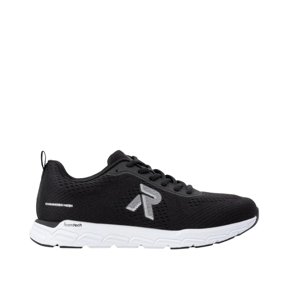Rieker M9006-00 ladies wide-fit black textile lace-up trainers with breathable mesh upper and cushioned white foam sole.