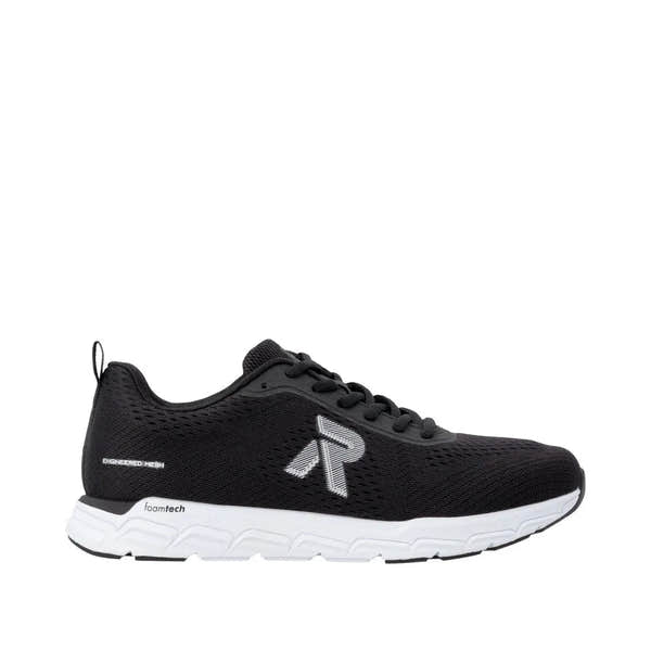 Rieker M9006-00 ladies wide-fit black textile lace-up trainers with breathable mesh upper and cushioned white foam sole.