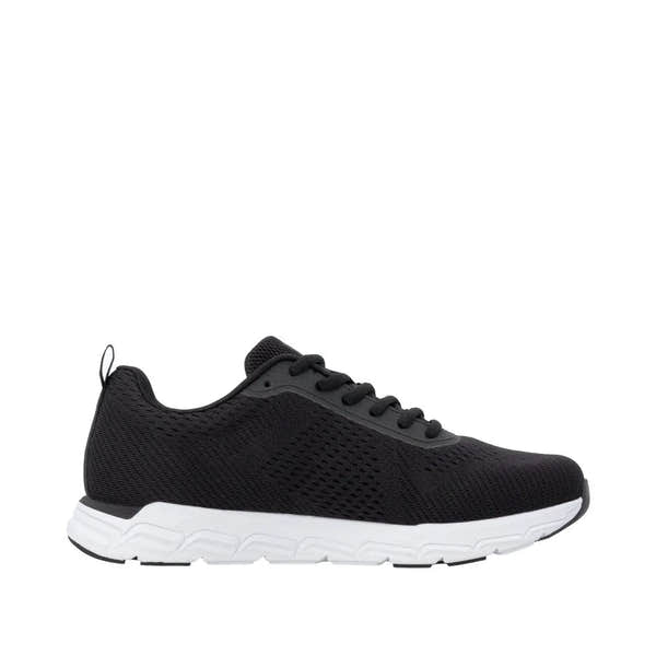 Rieker M9006-00 women's black textile lace-up trainers with wide fit and cushioned white sole.