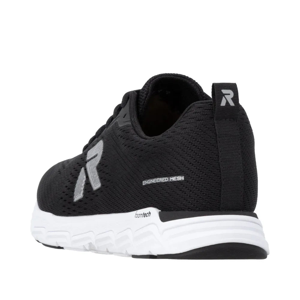 Rieker M9006-00 ladies wide fit black textile lace-up trainers with engineered mesh and foamTech sole for comfort.