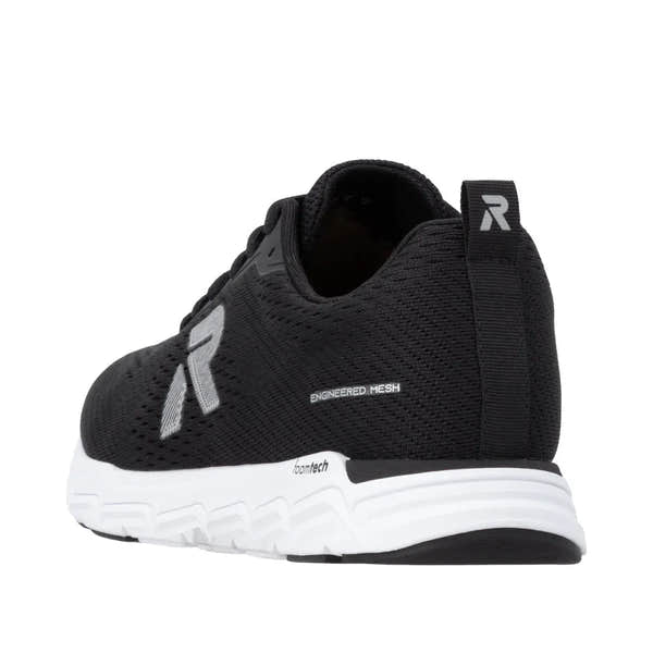 Rieker M9006-00 ladies wide fit black textile lace-up trainers with engineered mesh and foamTech sole for comfort.