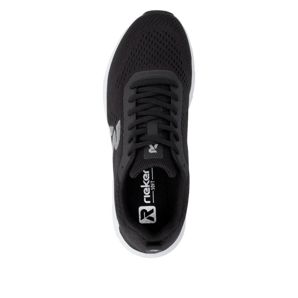Black textile lace-up trainers for ladies, wide fit, Rieker M9006-00, cushioned sole, sporty athletic style.