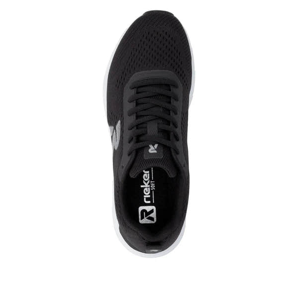 Black textile lace-up trainers for ladies, wide fit, Rieker M9006-00, cushioned sole, sporty athletic style.