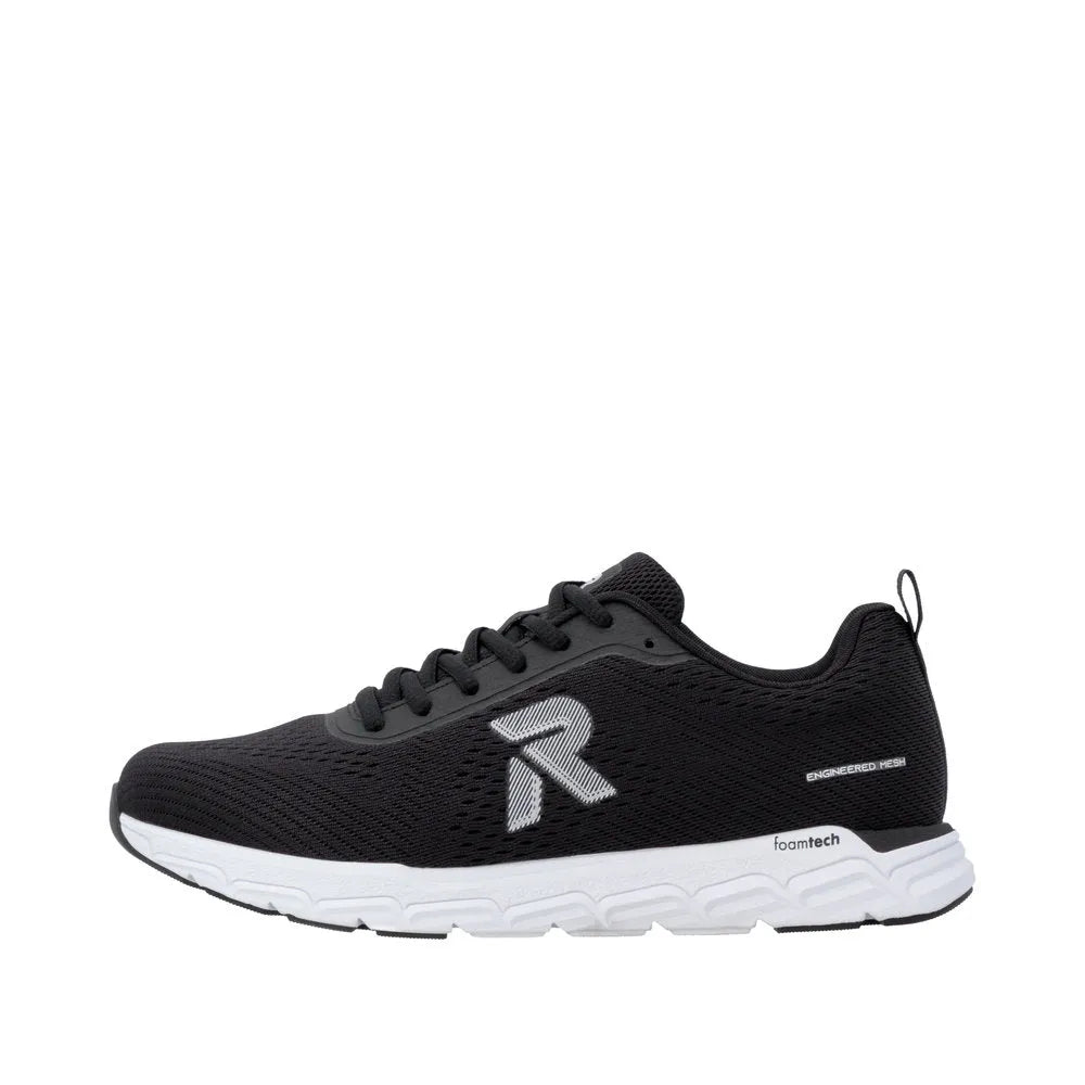 Rieker M9006-00 women's wide black textile lace-up trainers with foamtech sole and engineered mesh details.