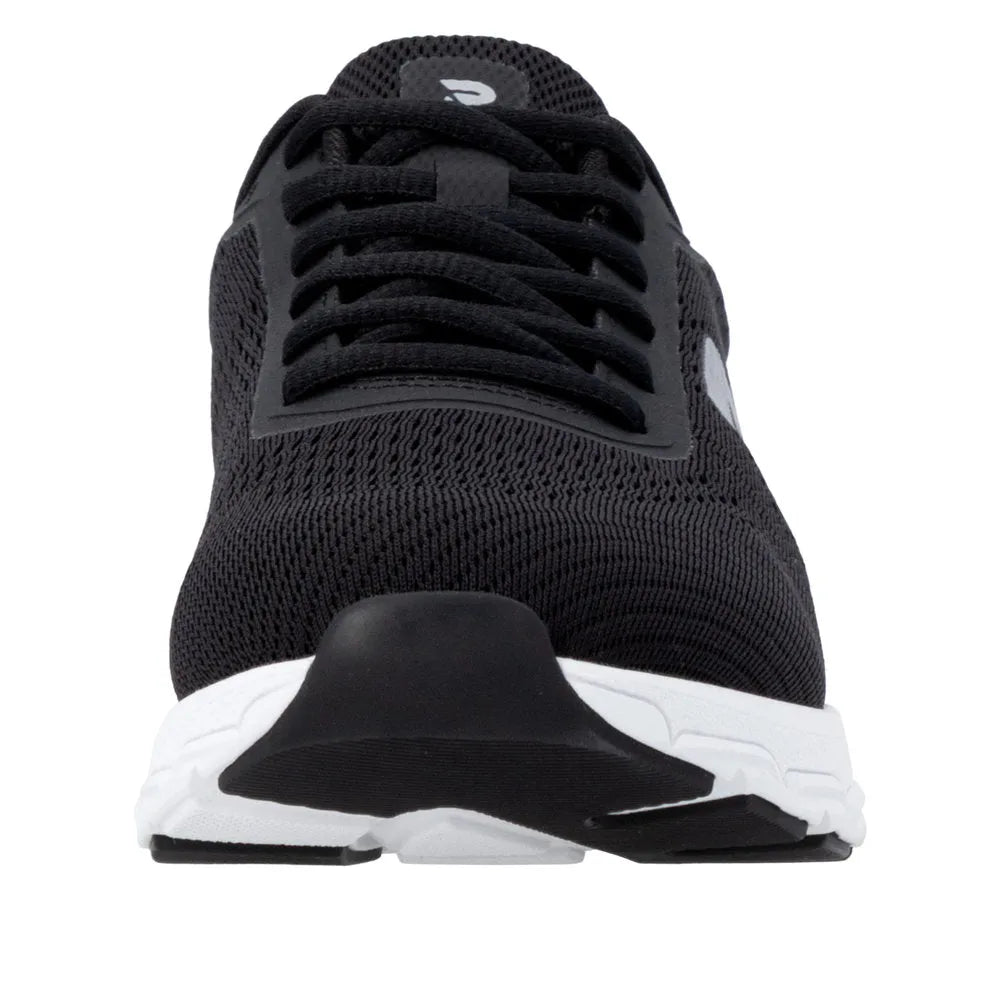 Rieker M9006-00 women's wide-fit black textile lace-up trainers with cushioned sole and sporty design.