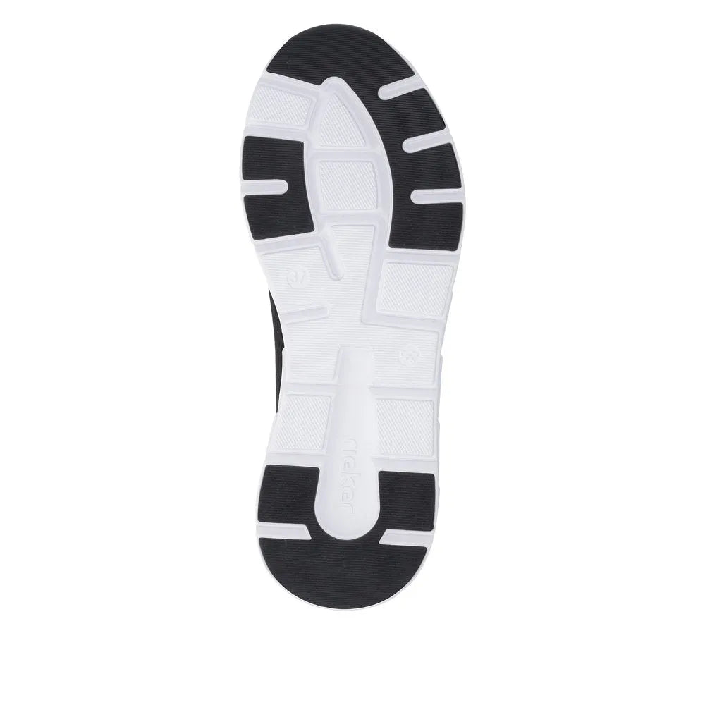 Rieker M9006-00 ladies wide-fit black textile lace-up trainers with cushioned white and black rubber sole.