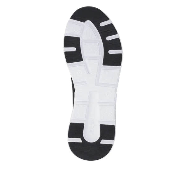Rieker M9006-00 ladies wide-fit black textile lace-up trainers with cushioned white and black rubber sole.
