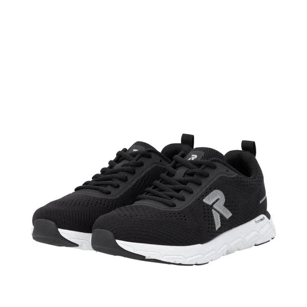 Rieker M9006-00 women's wide-fit black textile lace-up trainers with white sole, breathable mesh, and sporty design.