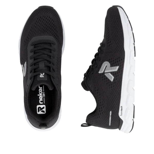 Rieker M9006-00 women's black textile lace-up trainers with breathable mesh upper and white sole, designed for comfort and style.