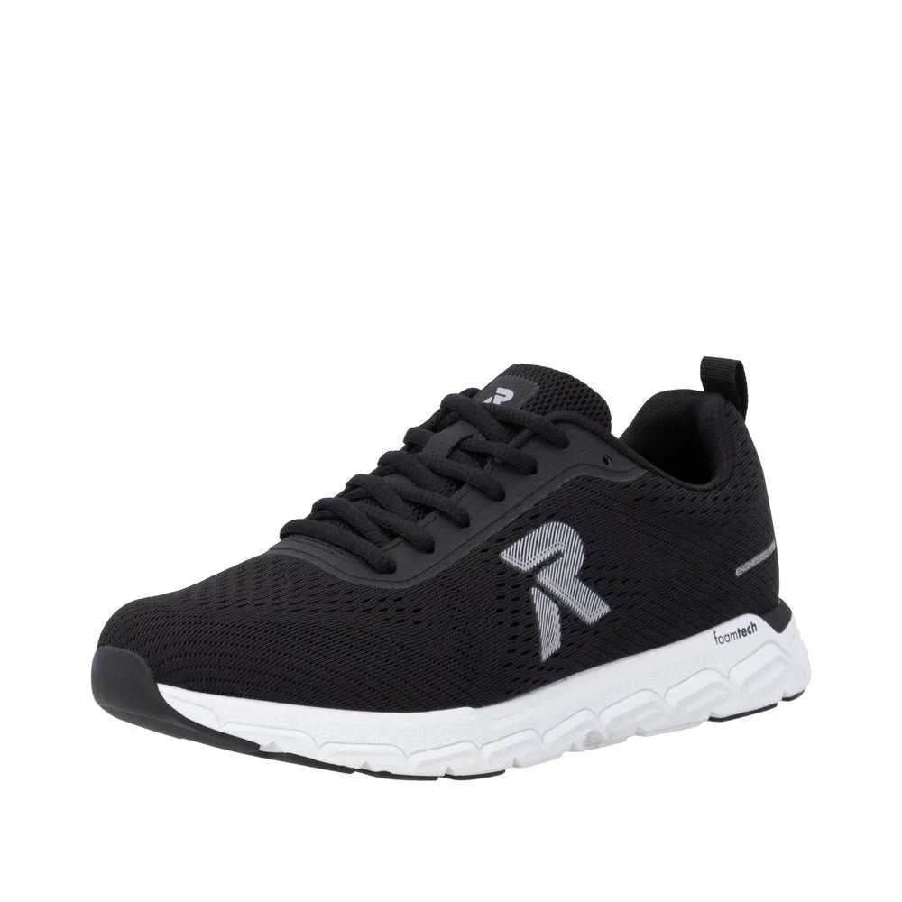 Rieker M9006-00 women's wide-fit black textile lace-up trainers with foamtech sole and side logo detail.