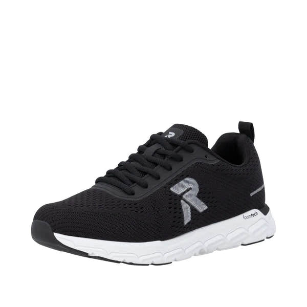 Rieker M9006-00 women's wide-fit black textile lace-up trainers with foamtech sole and side logo detail.