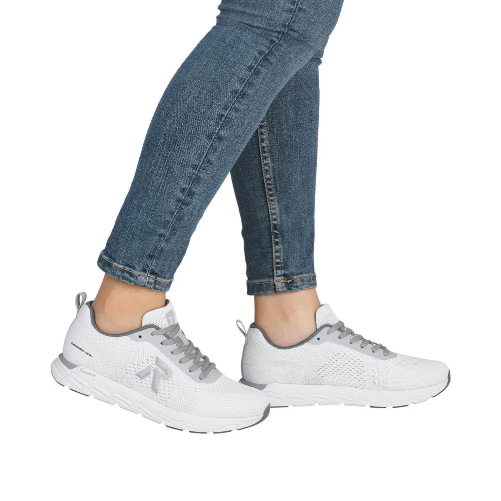 Rieker M9006-80 ladies wide-fit white and grey textile lace-up trainers, casual athletic shoes for women.