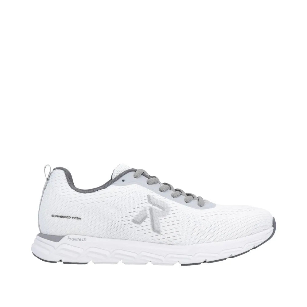 Rieker M9006-80 ladies wide-fit white and grey textile lace-up trainers with cushioned sole and engineered mesh for comfort.