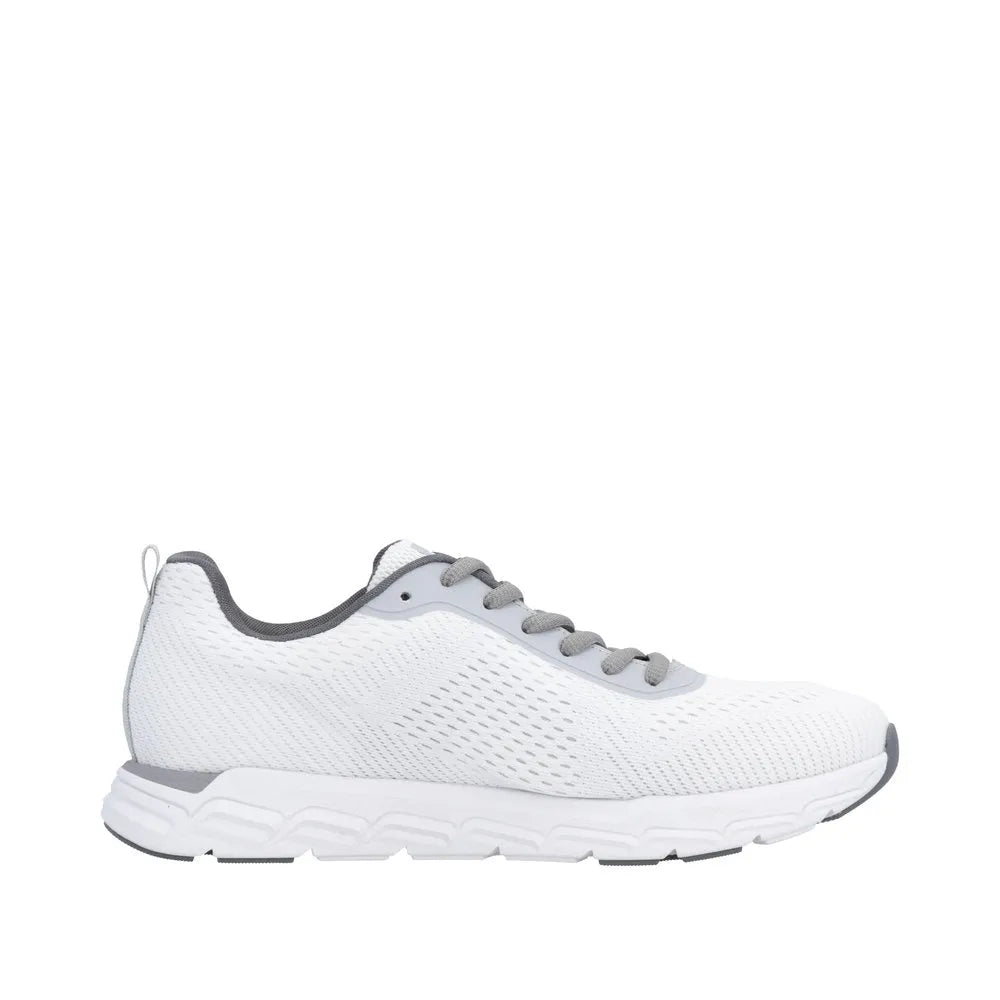 Rieker M9006-80 women's wide fit white and grey textile lace-up sneakers with cushioned sole.