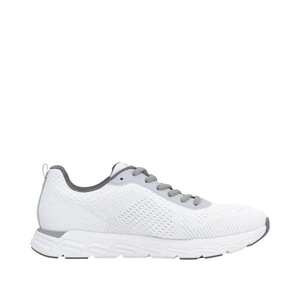 Rieker M9006-80 women's wide fit white and grey textile lace-up sneakers with cushioned sole.
