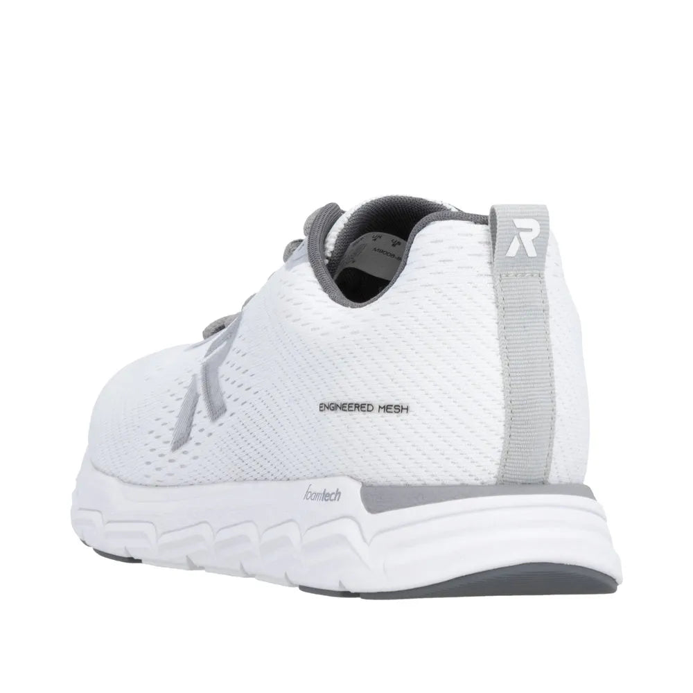 Rieker M9006-80 women's wide fit white and grey textile lace-up trainers with engineered mesh and chunky sole.