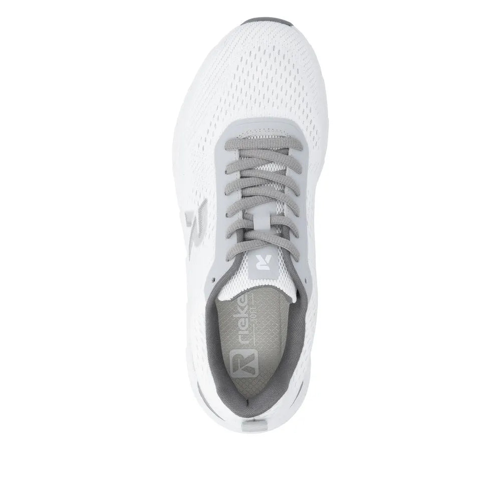 Rieker M9006-80 women's wide white and grey textile lace-up trainers, breathable athletic sneakers.