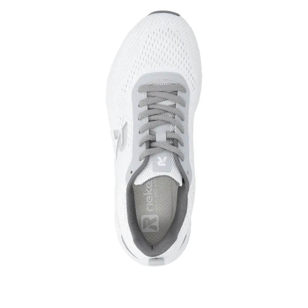 Rieker M9006-80 women's wide white and grey textile lace-up trainers, breathable athletic sneakers.