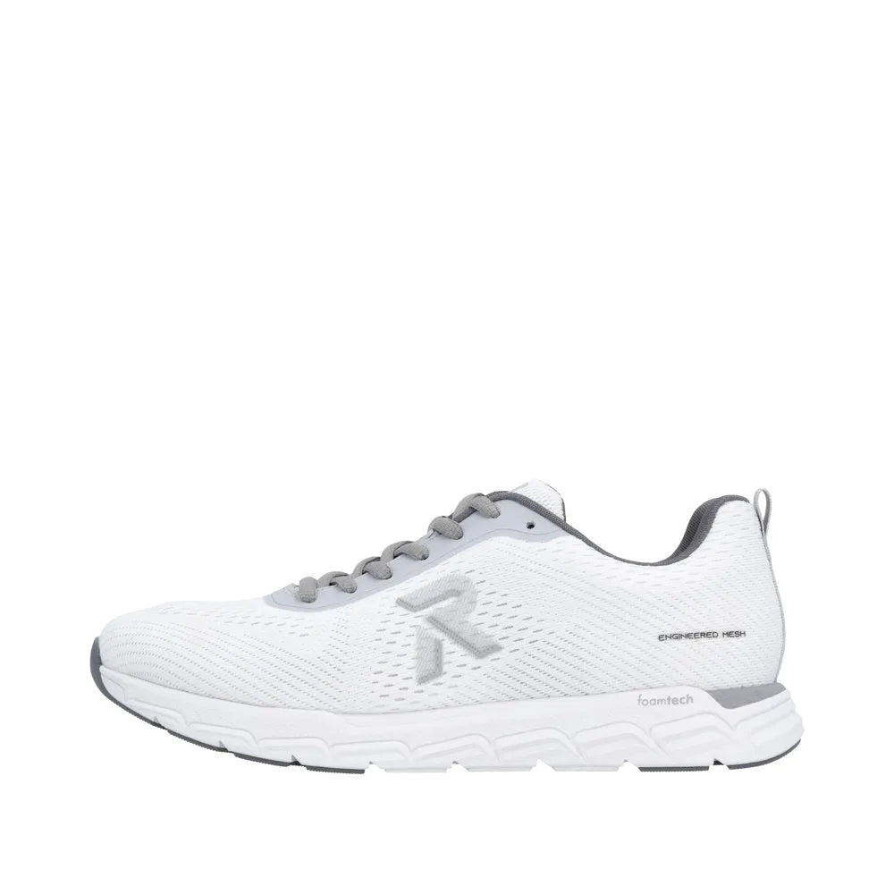 Rieker M9006-80 Ladies Wide White/Grey Textile Lace-Up Trainers with engineered mesh and FoamTech sole.