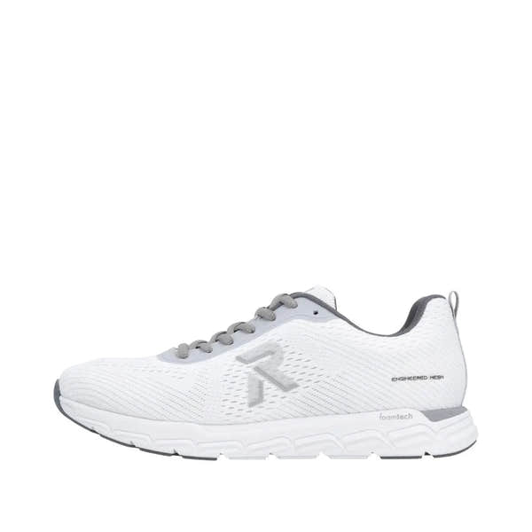 Rieker M9006-80 Ladies Wide White/Grey Textile Lace-Up Trainers with engineered mesh and FoamTech sole.