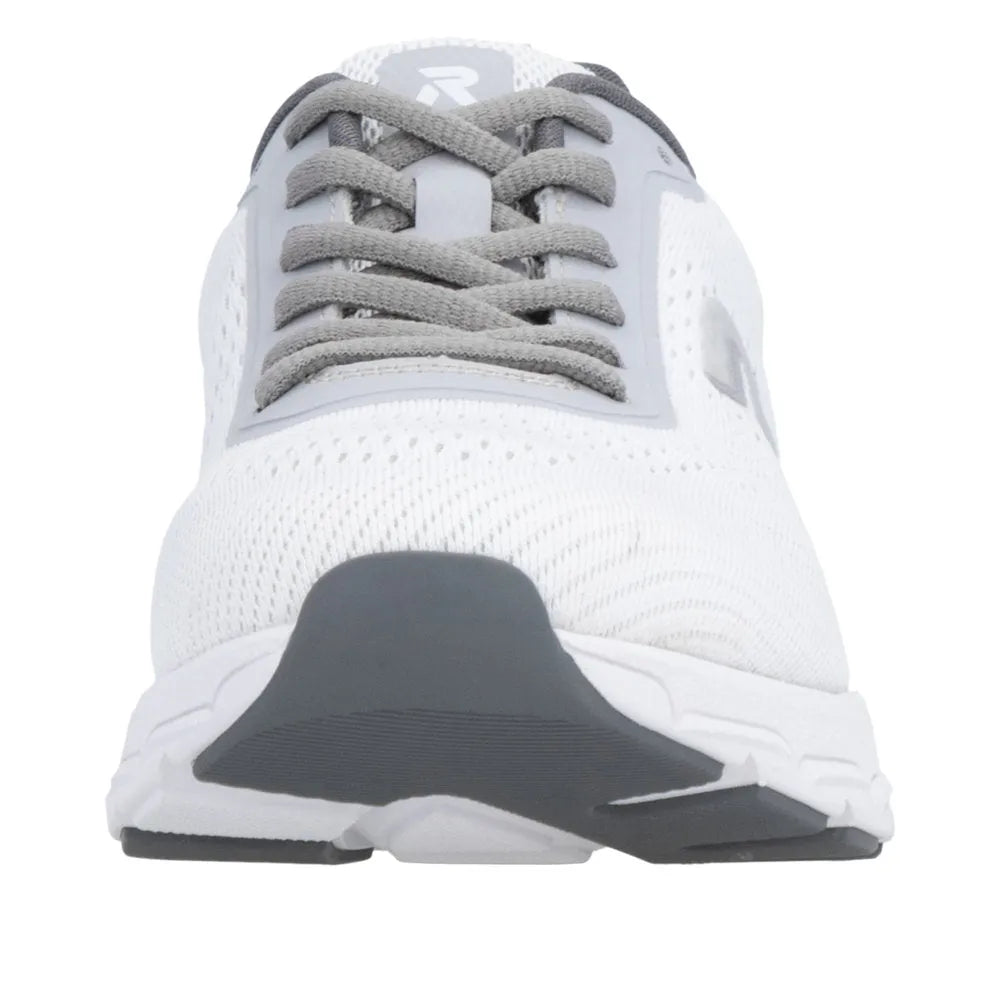 Rieker M9006-80 women's wide fit white and grey textile lace-up trainers, sports shoes with cushioned sole.