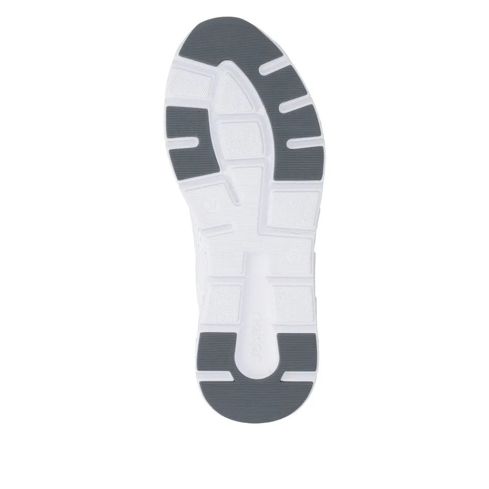 Rieker M9006-80 women's white and grey textile lace-up trainers with cushioned soles and wide fit.