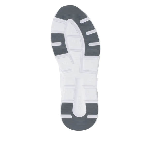 Rieker M9006-80 women's white and grey textile lace-up trainers with cushioned soles and wide fit.