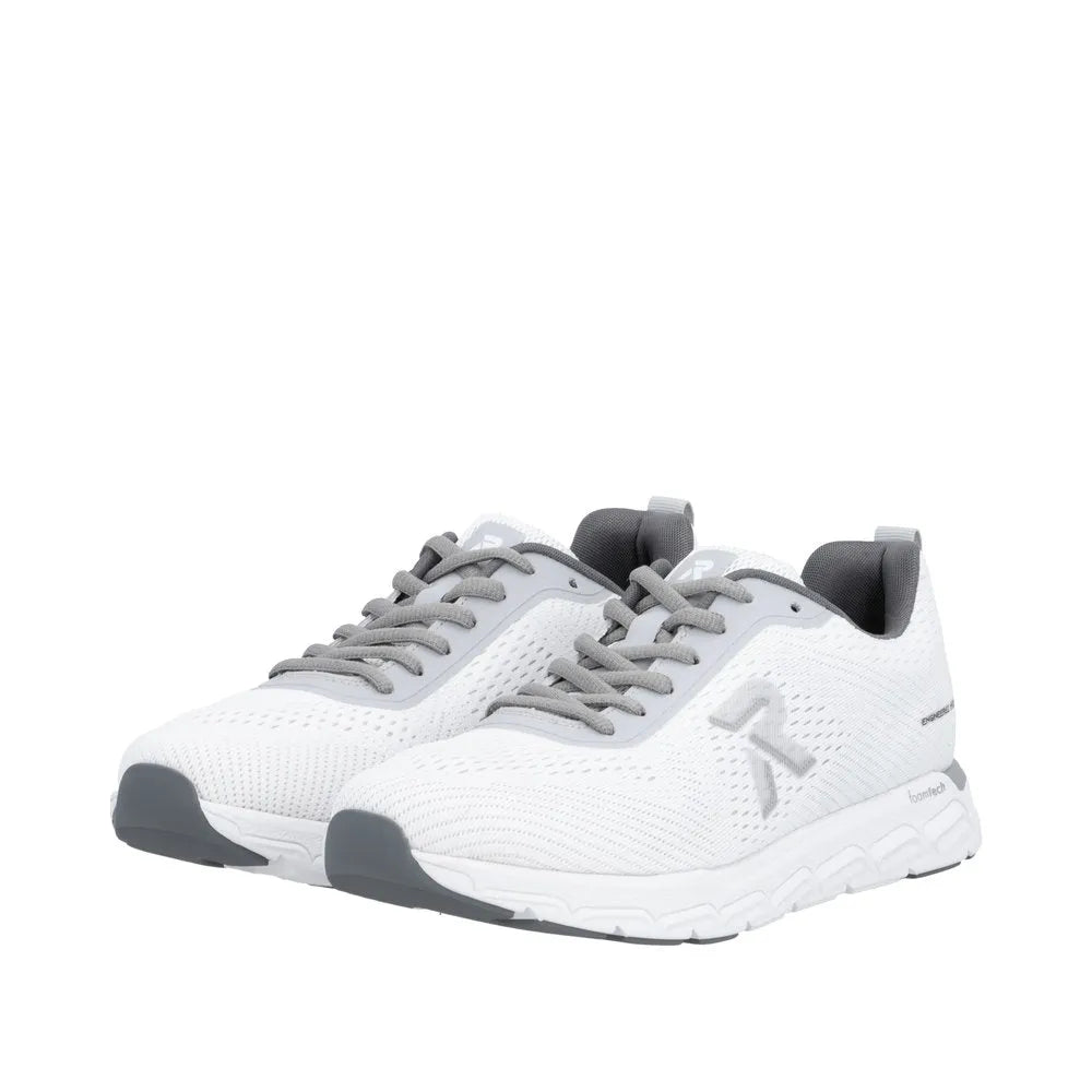 Rieker M9006-80 women's wide fit white and grey textile lace-up trainers with cushioned insoles and sporty design.