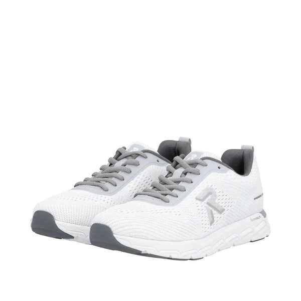 Rieker M9006-80 women's wide fit white and grey textile lace-up trainers with cushioned insoles and sporty design.