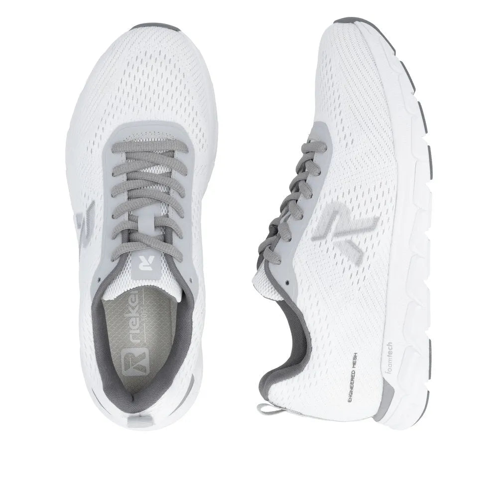 Rieker M9006-80 women's wide white and grey textile lace-up trainers with breathable mesh and cushioned sole.