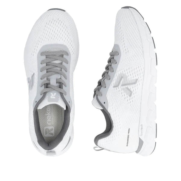 Rieker M9006-80 women's wide white and grey textile lace-up trainers with breathable mesh and cushioned sole.