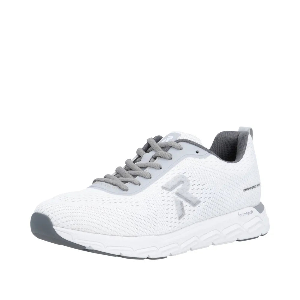 Rieker M9006-80 ladies wide fit white and grey textile lace-up trainers with foam tech sole.