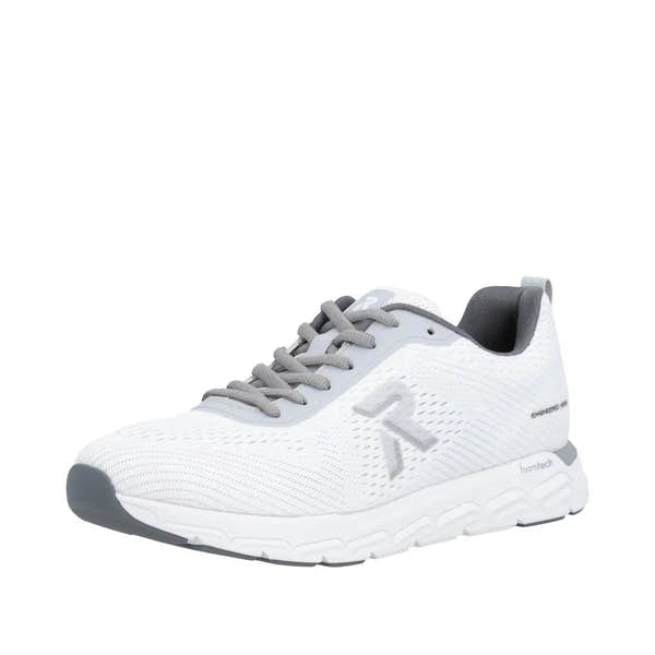 Rieker M9006-80 ladies wide fit white and grey textile lace-up trainers with foam tech sole.