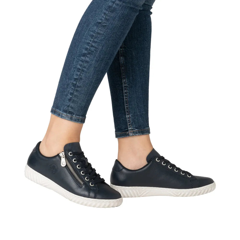 Rieker N0900-14 ladies Pacific leather casual sneakers with zip and lace, black color, white sole, stylish and comfortable footwear.