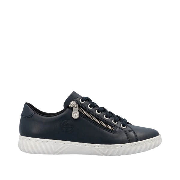 Rieker N0900-14 Ladies Pacific Leather Sneakers with zipper, lace-up closure, black upper, and white rubber sole.