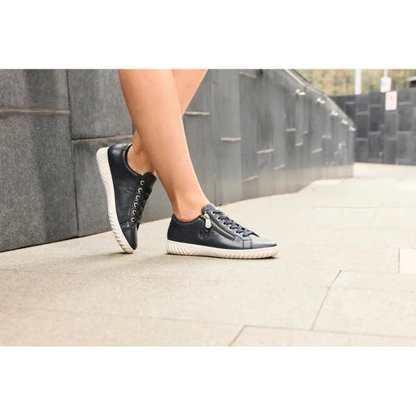 Rieker N0900-14 Ladies Pacific Leather Zip & Lace Shoes, black sneakers with side zipper, lace-up detail, and white sole.
