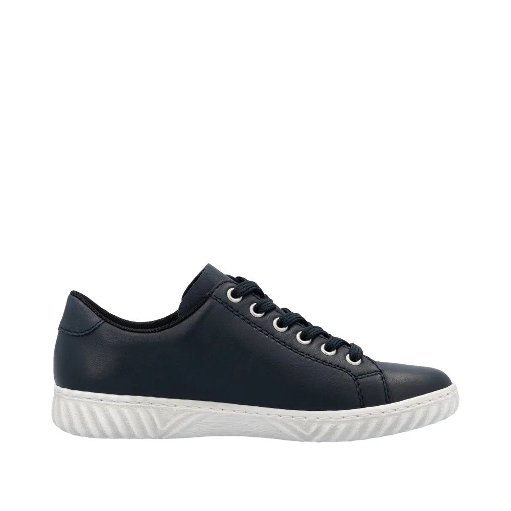 Rieker N0900-14 Ladies Pacific Leather Sneakers with zip and lace-up closure, navy color, white rubber sole.