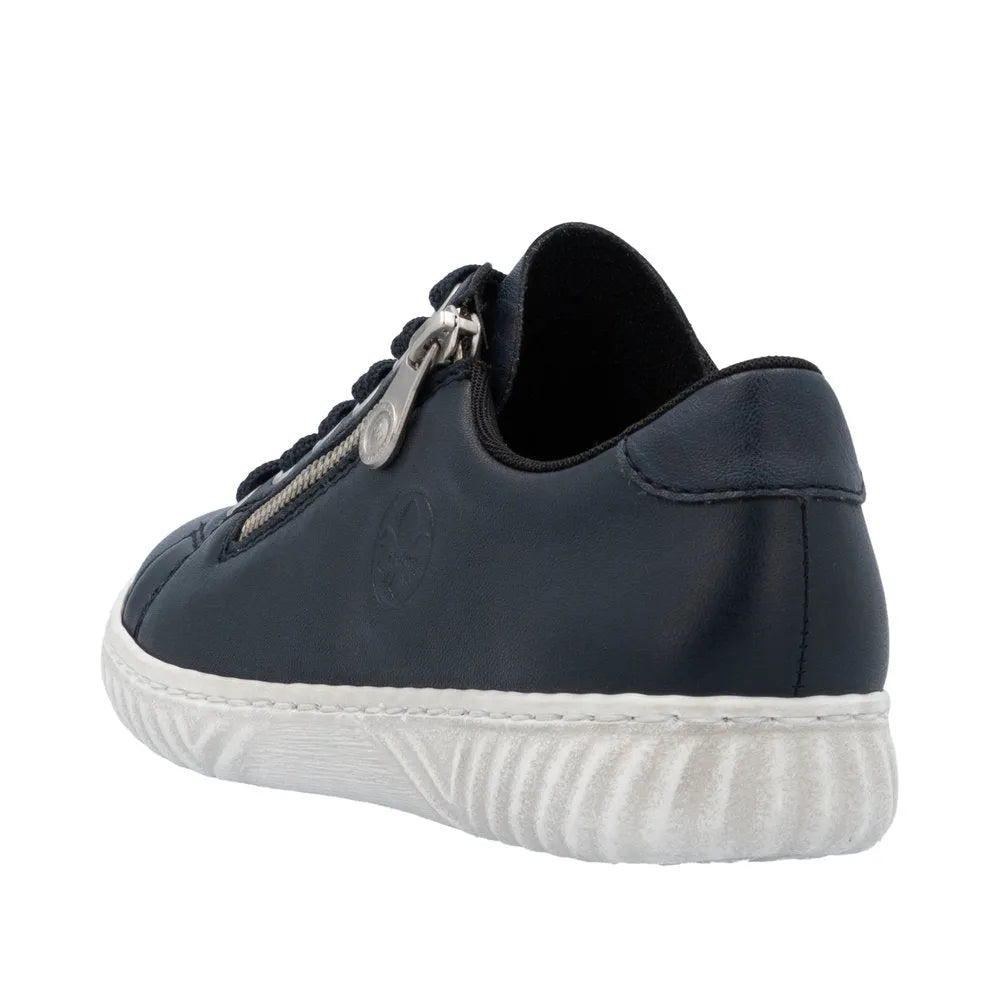 Rieker N0900-14 Ladies Pacific Leather Zip & Lace Shoes, navy with white sole, casual sneaker with zipper and lace-up closure.