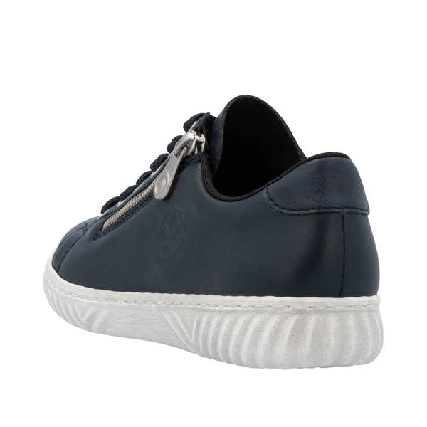 Rieker N0900-14 Ladies Pacific Leather Zip & Lace Shoes, navy with white sole, casual sneaker with zipper and lace-up closure.